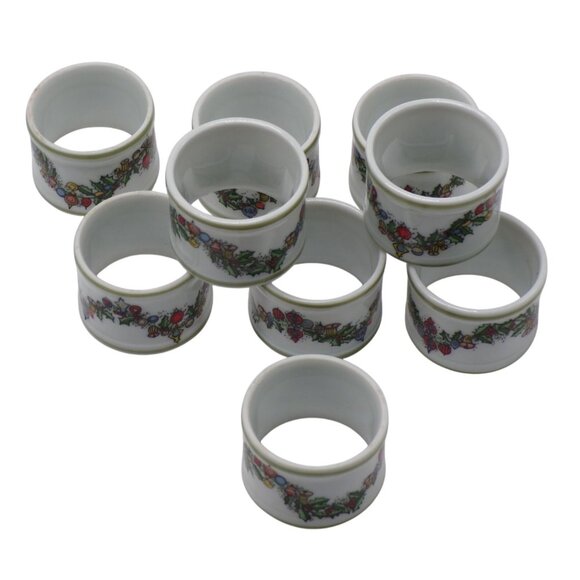 Set-9 Christmas Theme Bone China Napkin Rings w/Festive Ornament & Holly Design - Picture 3 of 3